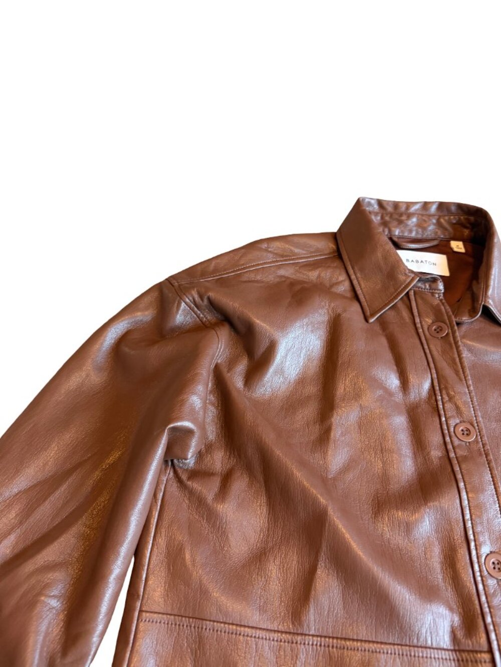 Aritzia Babaton Pelli Shirt Jacket Button-Down Brown Vegan Leather Size Medium - Picture 3 of 13